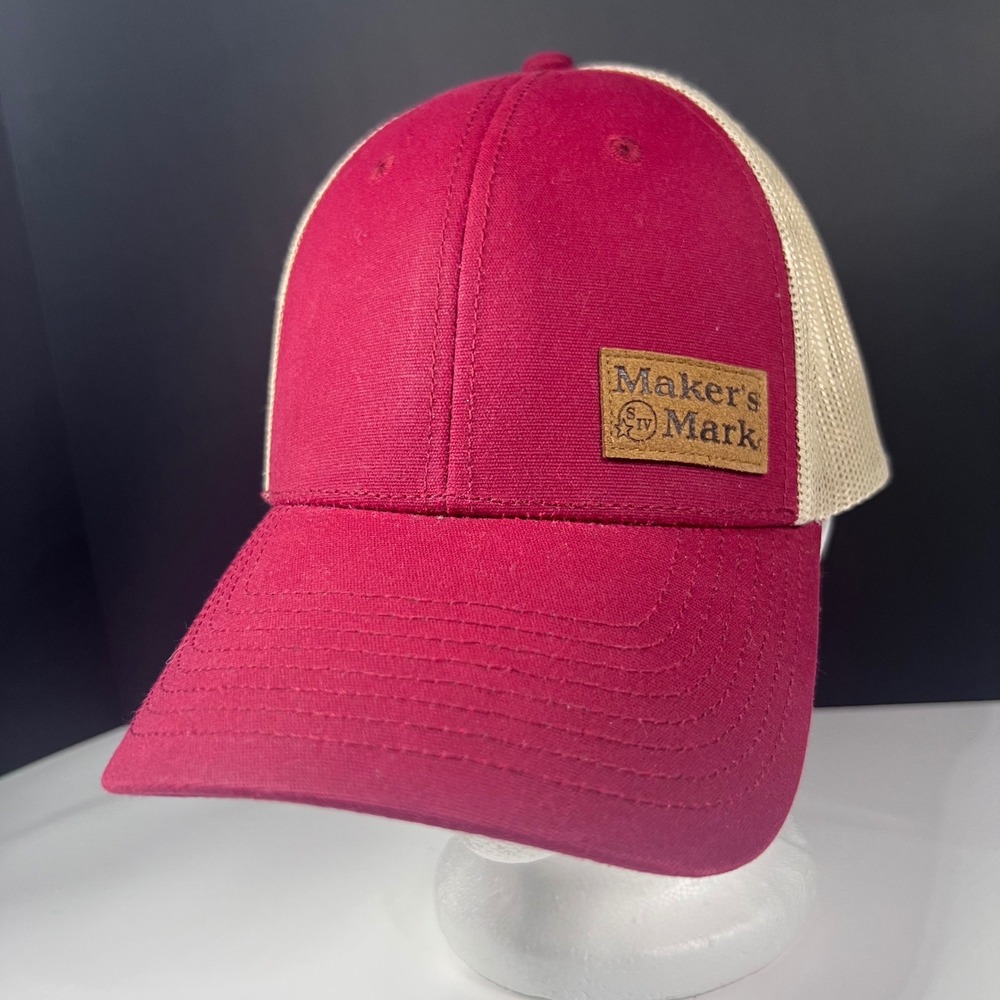 Maker's Mark Bourbon Whiskey Trucker Hat Burgundy Tan Star Hill Farm Mesh Cap